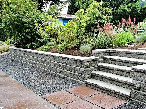 Segmental retaining wall beside garden planting and a flight of exterior steps